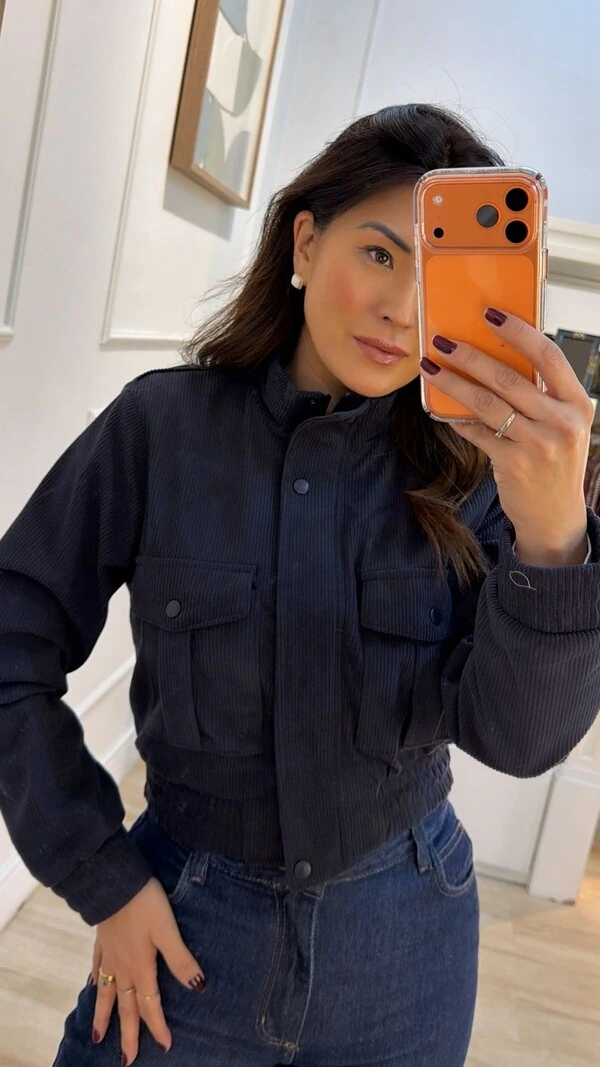 Jaqueta Casaco Bomber Veludo Cotelê Maya Bolsos Quadrados Frontais