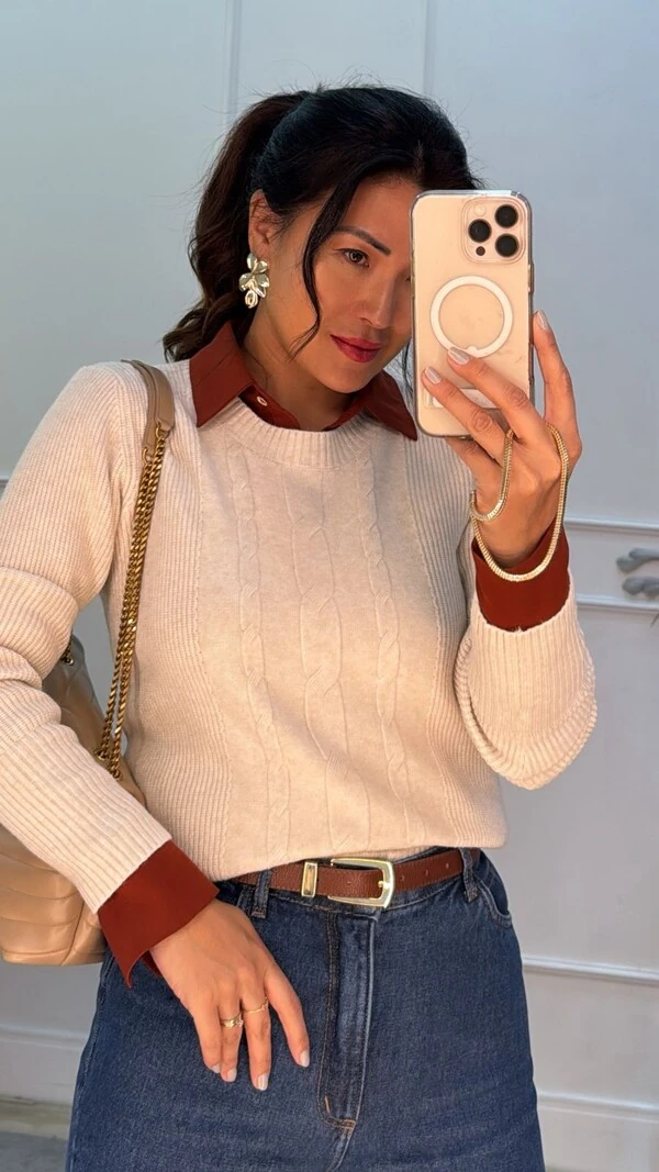 Blusa Tricot Antonia Canelado Com Trançado Triplo Frontal
