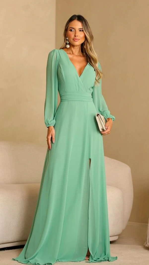 Vestido Longo Decote V Transpassado Sophia Fenda Frontal Com Cinto Faixa