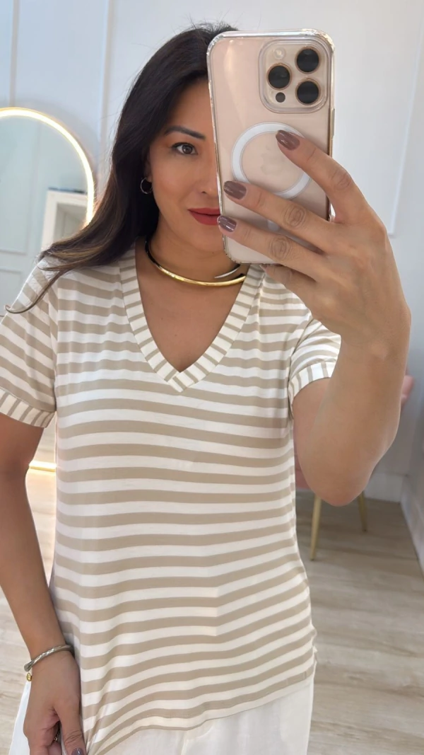 Blusa Malha Listrada Bianca Decote V