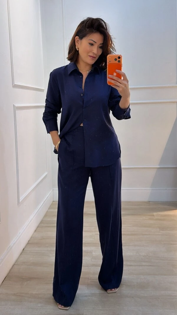 Conjunto Viscose Com Linho Pamela Calça Pantalona E Camisa