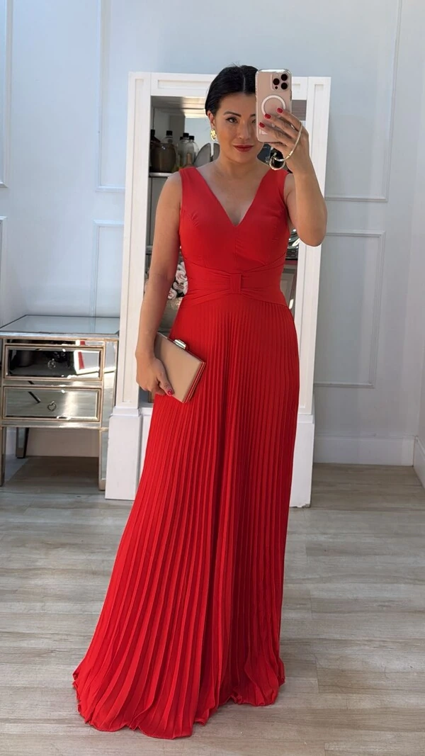 Vestido Longo Decote V Detalhe De Laço Maithe Saia Plissada