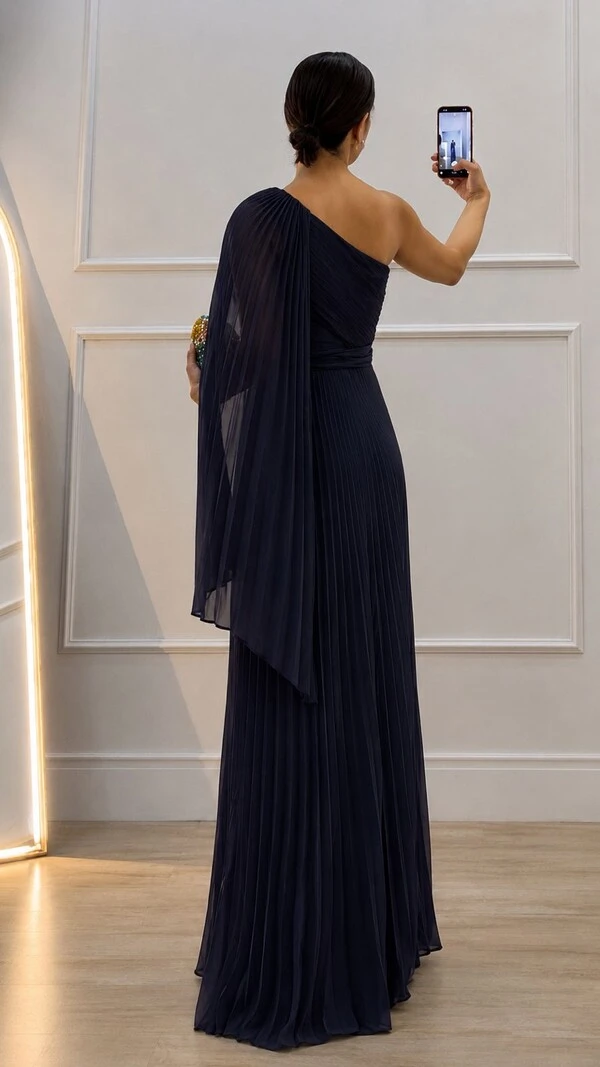Vestido Longo Plissado Ombro Único Chloe Cinto Faixa