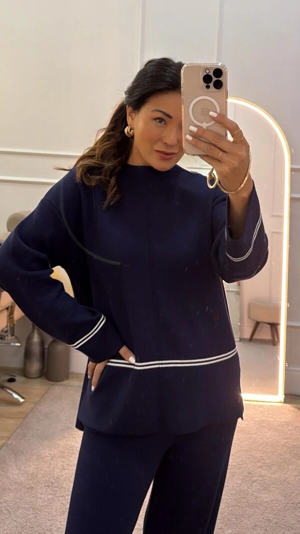 Conjunto Tricot Vilma Blusa & Calça Pantalona Com Listra Dupla