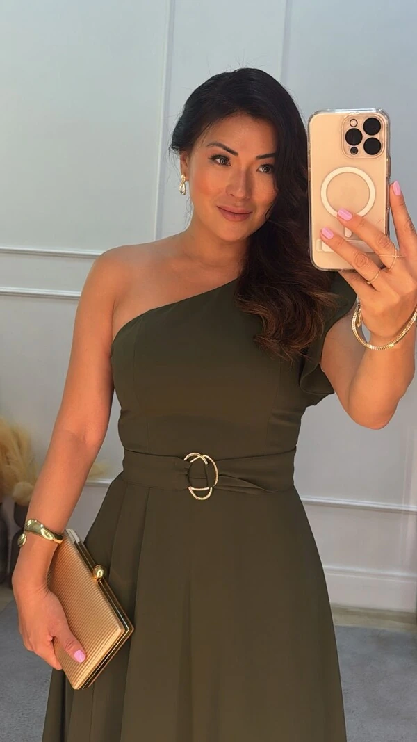 Vestido Longo Alba Ombro Único E Cinto Faixa Com Fivela Dupla