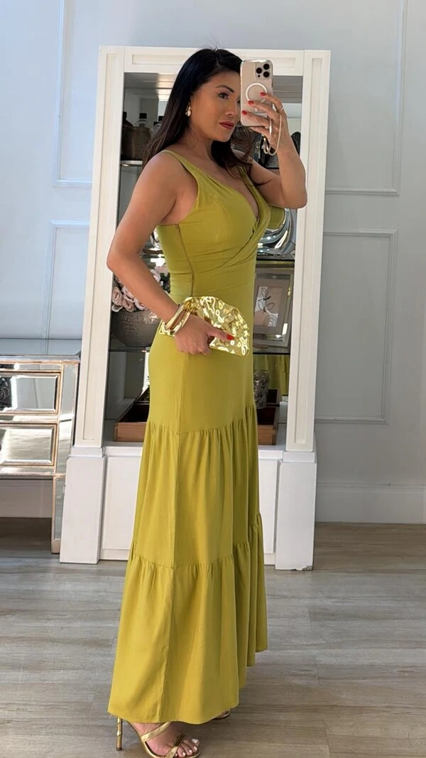 Vestido Longo Viscose Com Linho Naomi Decote V Transpassado