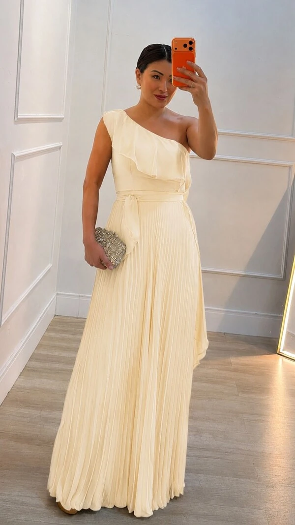 Vestido Longo Ombro Único Plissado Detalhe De Babado Taty Cinto Faixa