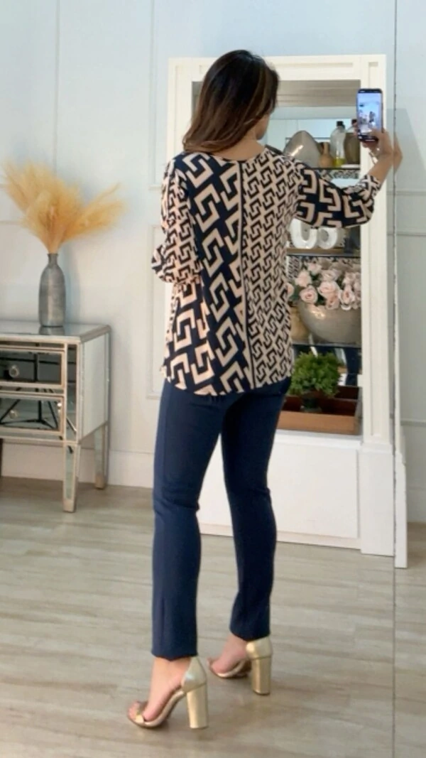 Blusa Ampla Malha Fria Estampada Safira Mangas 7/8 Bufantes