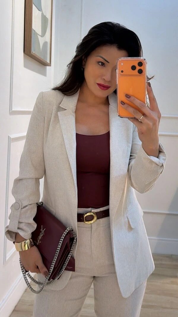 Maxi Blazer Viscose Com Linho Brenda Martingalê Nos Punhos