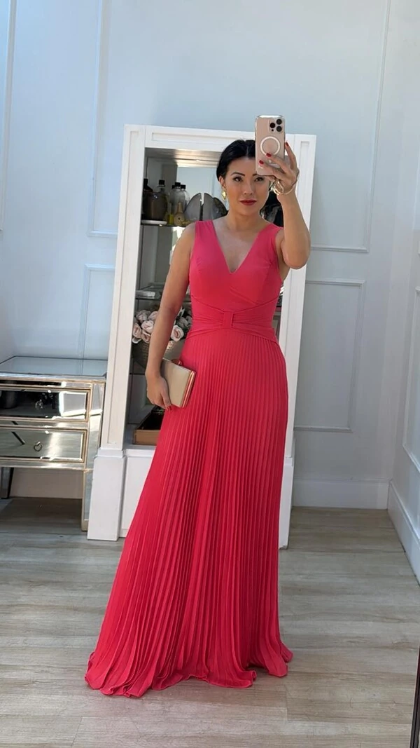 Vestido Longo Decote V Detalhe De Laço Maithe Saia Plissada