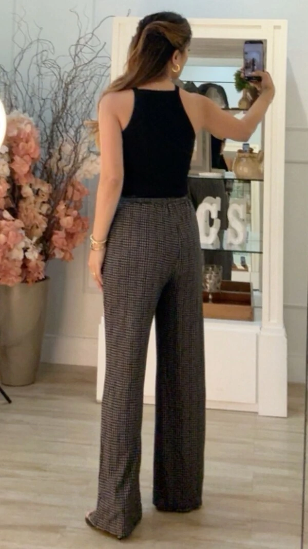 Calça Pied Poule Cinthia Pala Larga Com Amarração Frontal