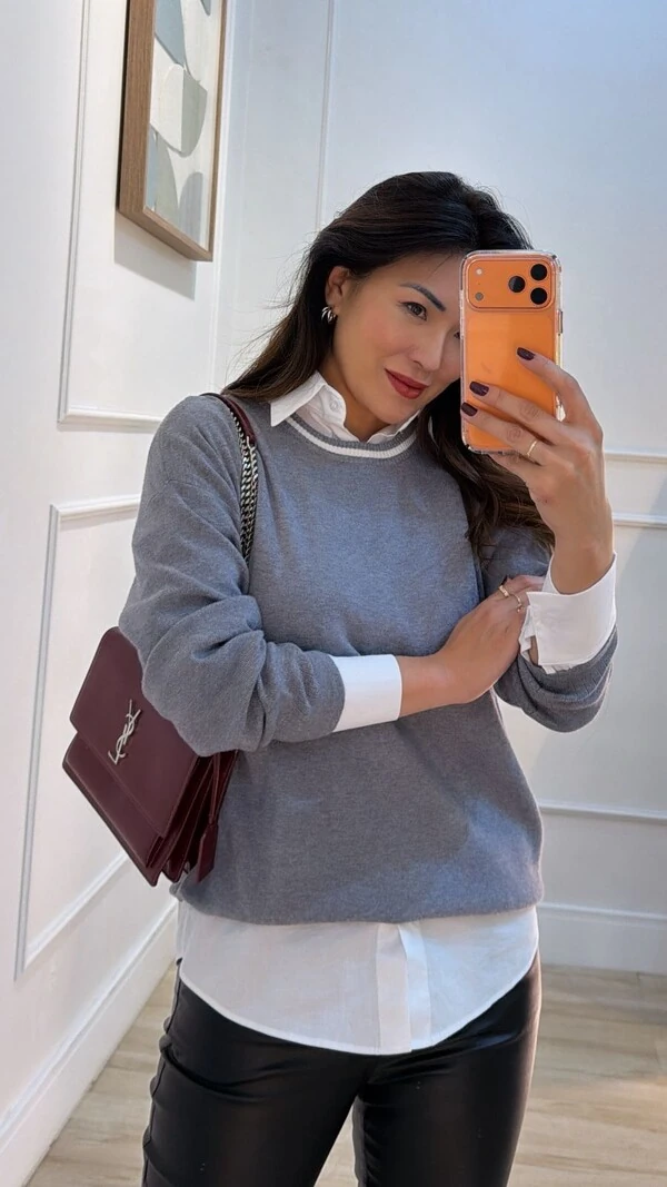 Blusa Tricot Jessica Detalhe Listrado Na Gola