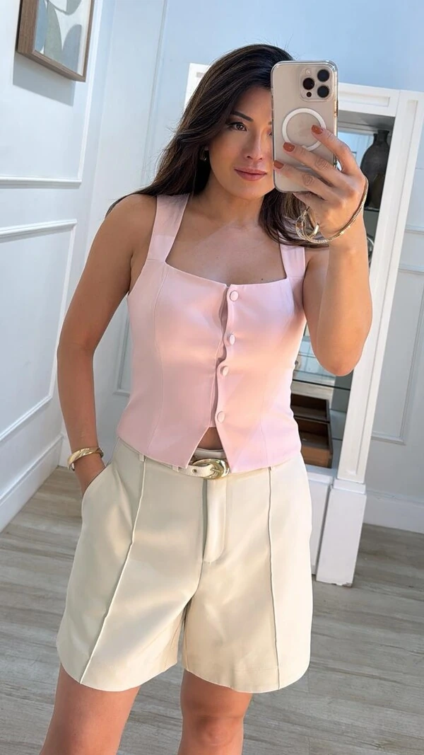 Blusa Regata Alfaiataria Rosy Botões Forrados Frontais