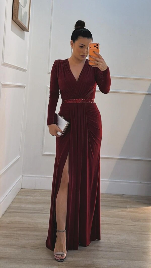 Vestido Longo Mangas Longas Jamile Cinto De Paetê