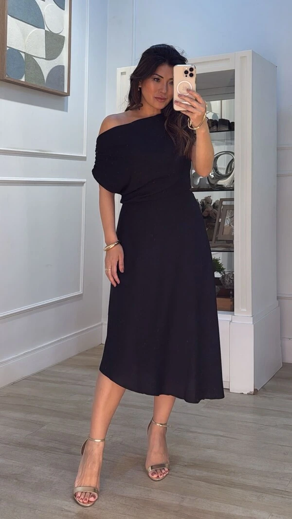 Vestido Midi Assimétrico Angélica Drapeado Nos Ombros