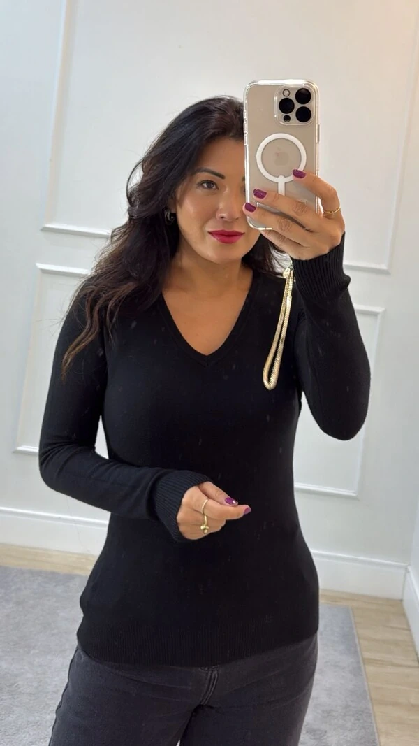 Blusa Tricot Decote V Noemi Mangas Longas