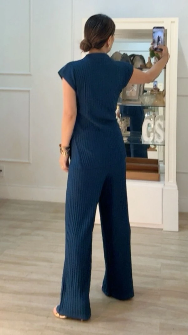 Conjunto Tricot Nervuras Caneladas Roberta Blusa E Calça Pantalona