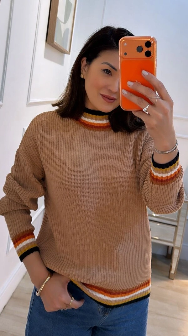 Blusa Tricot Texturizado Aylla Gola Alta Detalhe Listras Multicolor