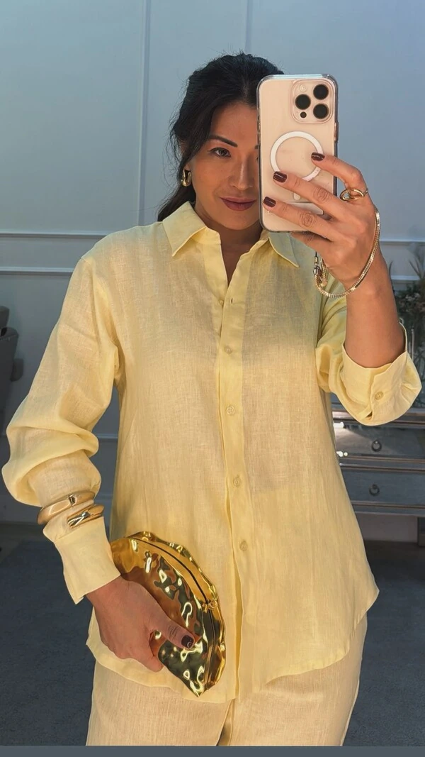 Camisa Alongada Linho Karen Mangas Longas