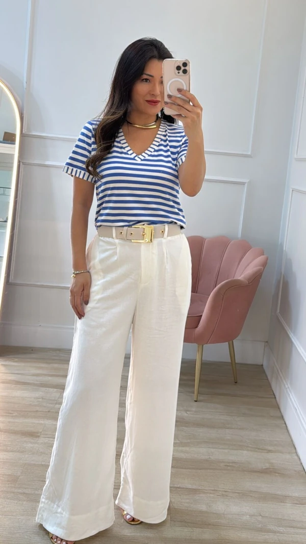 Blusa Malha Listrada Bianca Decote V