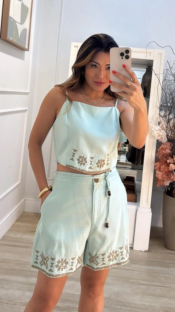 Cropped Cavado Twill Alças Fina Greta Barrado Bordado