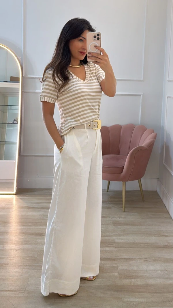 Blusa Malha Listrada Bianca Decote V