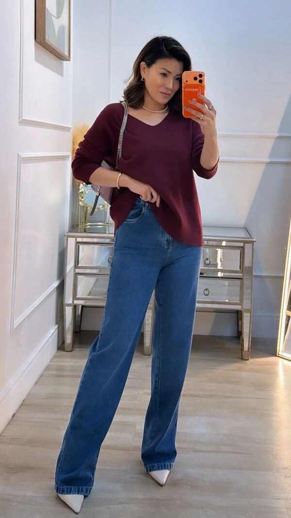 Blusa Tricot Ampla Decote V Paola Mangas Longas