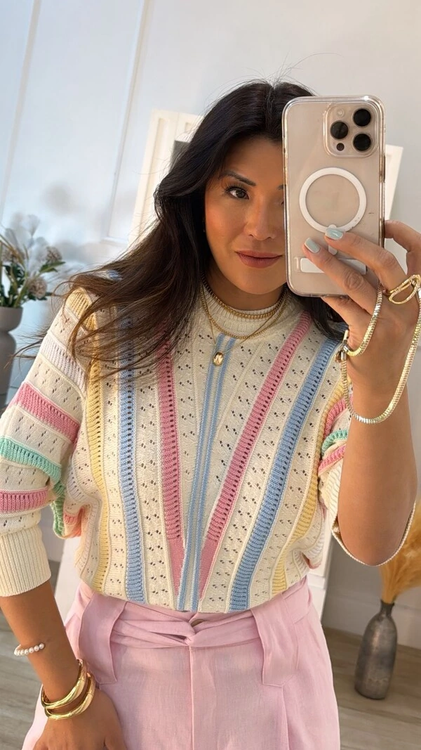 Blusa Tricot Ampla Multicolor Alice Com Nervuras E Entremeios