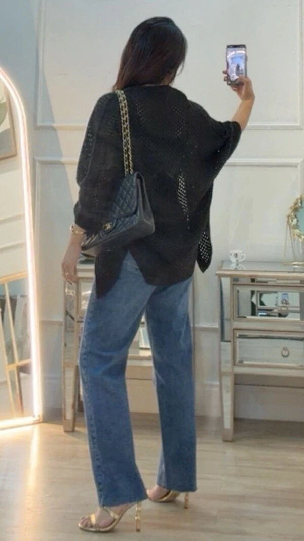 Kimono Tricot Vazado Ashley Mangas 3/4 Punhos Canelados