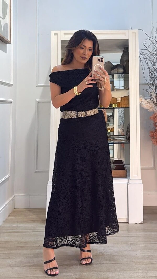 Vestido Longo Rendado Elisa Decote Torcido E Cinto