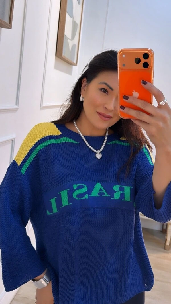 Blusa Tricot Brasil Nayara Detalhe De Listra Bicolor Nos Ombros