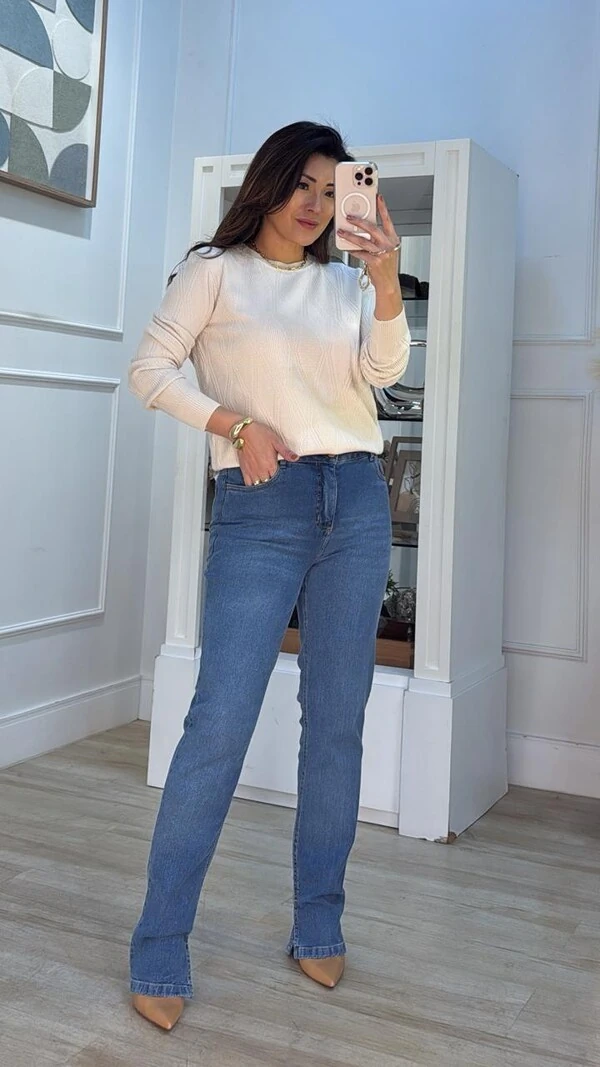 Blusa Tricot Monica Losangos E Nervuras Com Entremeios Na Vertical