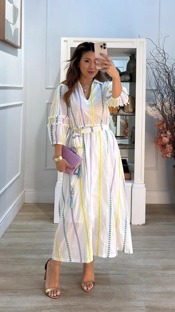 Vestido Midi Bordado Com Fio De Lurex Ingrid Cinto Faixa Com Tassel