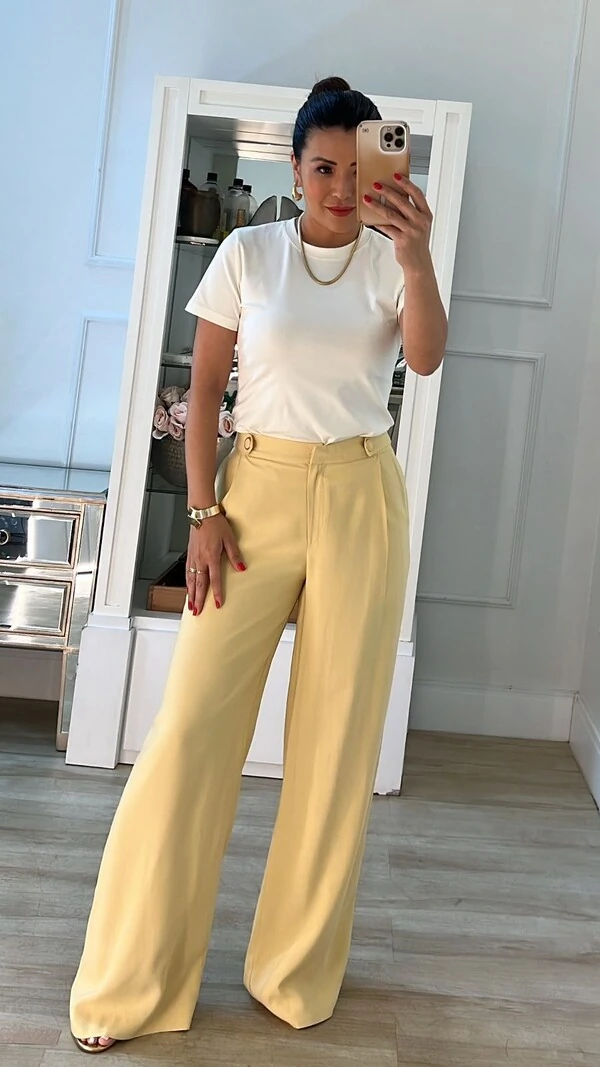 Calça Pantalona Pregas Frontais Cintia Martingalê Na Pala