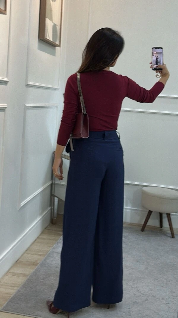 Calça Pantalona Brenda Cinto Faixa Fivela Dupla Dourada