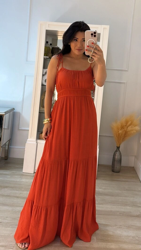 Vestido Longo Kate Alças Com Amarração Regulável E Camadas