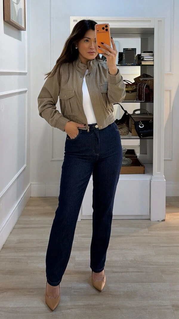 Jaqueta Casaco Bomber Veludo Cotelê Maya Bolsos Quadrados Frontais