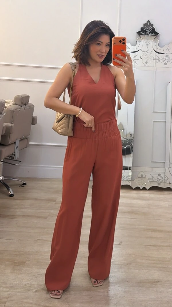 Calça Reta Viscose Beatriz Pala Larga Com Elástico Franzido