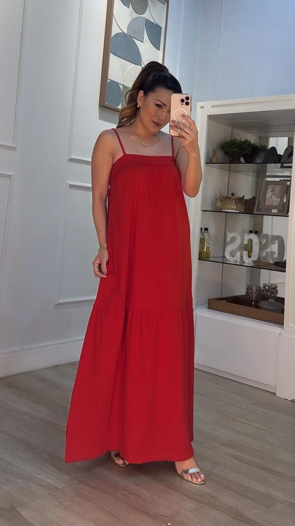 Vestido Midi Amplo Malha Sabrina Decote Reto Com Detalhe Em Vivo