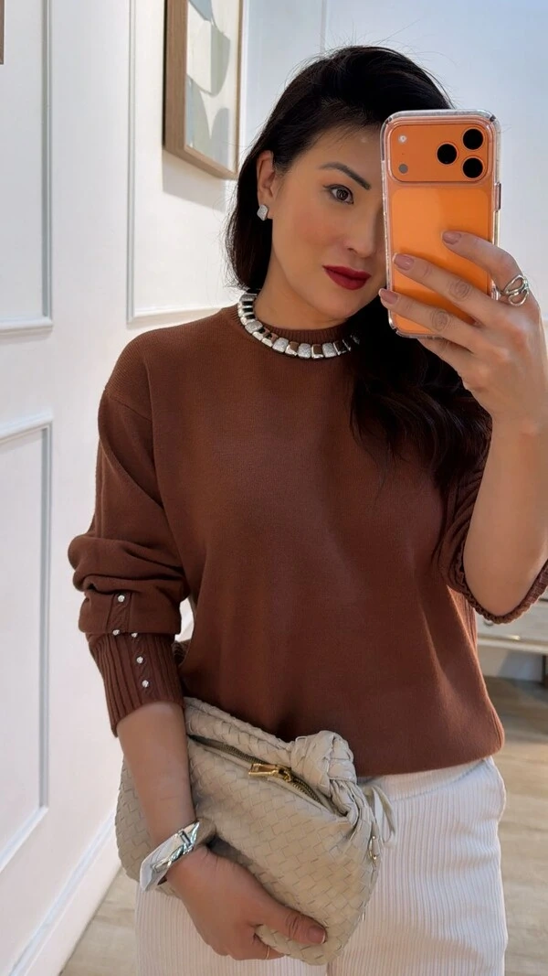 Blusa Tricot Ivy Detalhe Trançado Pérola Prata Nos Punhos