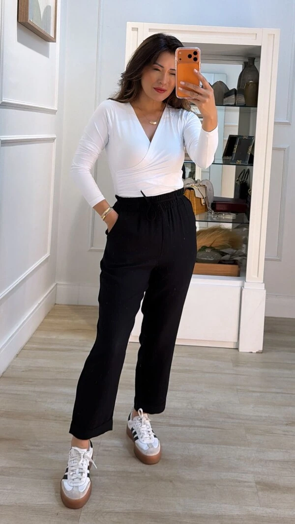 Calça Pala Larga Com Cinto Fixo Fino Zoe Barra Dobrada