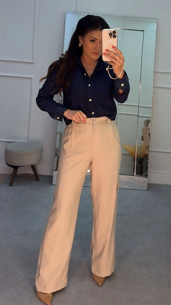 Camisa Twill Mariane Gola E Punhos Em Couro Eco