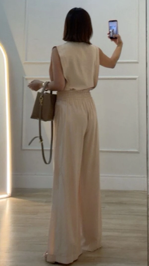 Calça Pantalona Diane Pala Larga Cinto Fino Fixo