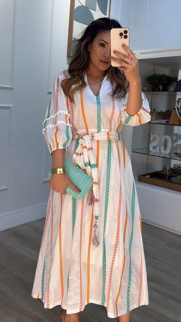 Vestido Midi Bordado Com Fio De Lurex Ingrid Cinto Faixa Com Tassel