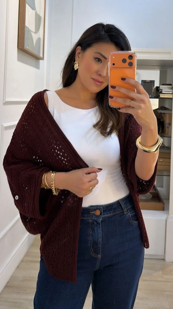 PRÉ-VENDA DATA ESTIMADA DE ENVIO 21/03 Kimono Tricot Vazado Fabi Mangas 3/4