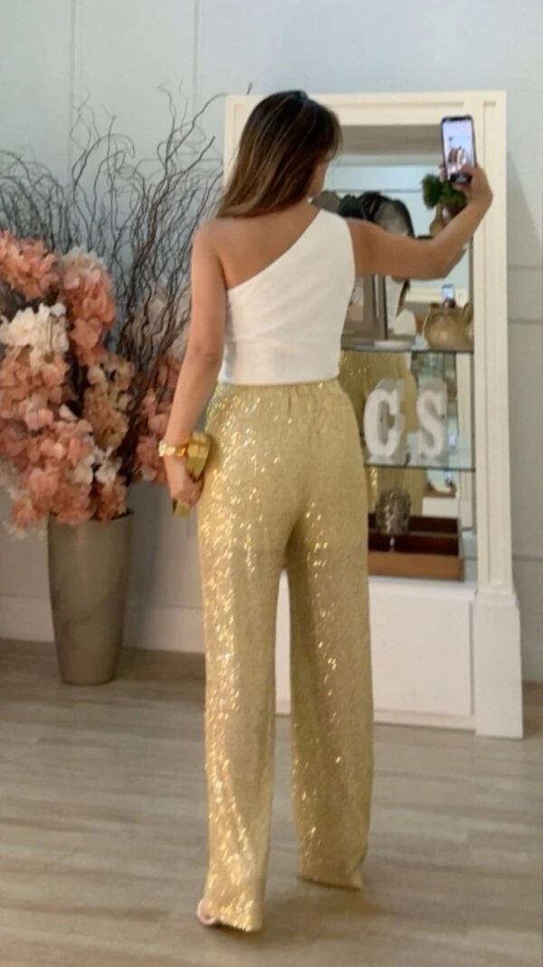 Calça Pantalona Paetê Cindy Pala Larga