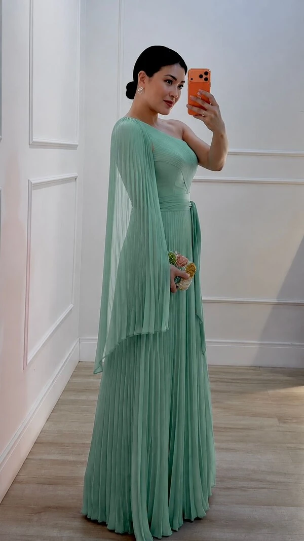 Vestido Longo Plissado Ombro Único Chloe Cinto Faixa