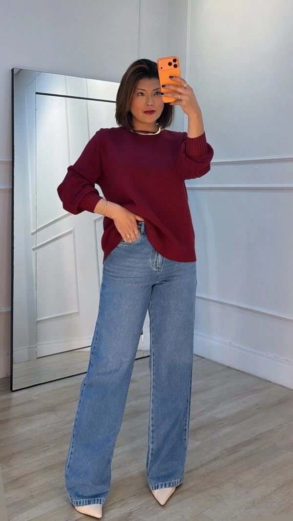 Blusa Tricot Thalita Mangas Bufantes Com Nervuras Caneladas