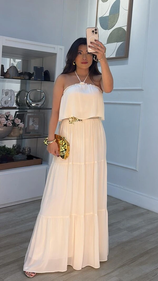 Vestido Chiffon Frente Única Com Amarração Helena Com Camadas