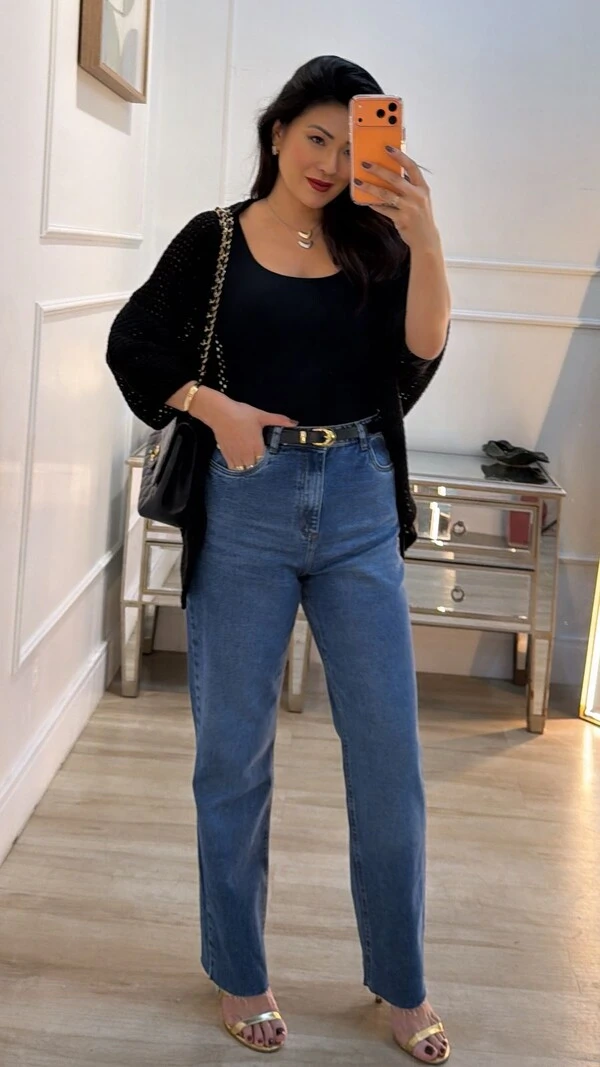 Kimono Tricot Vazado Ashley Mangas 3/4 Punhos Canelados